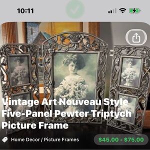 Art Nouveau Five-Panel Pewter Picture Frame - Silver Tone